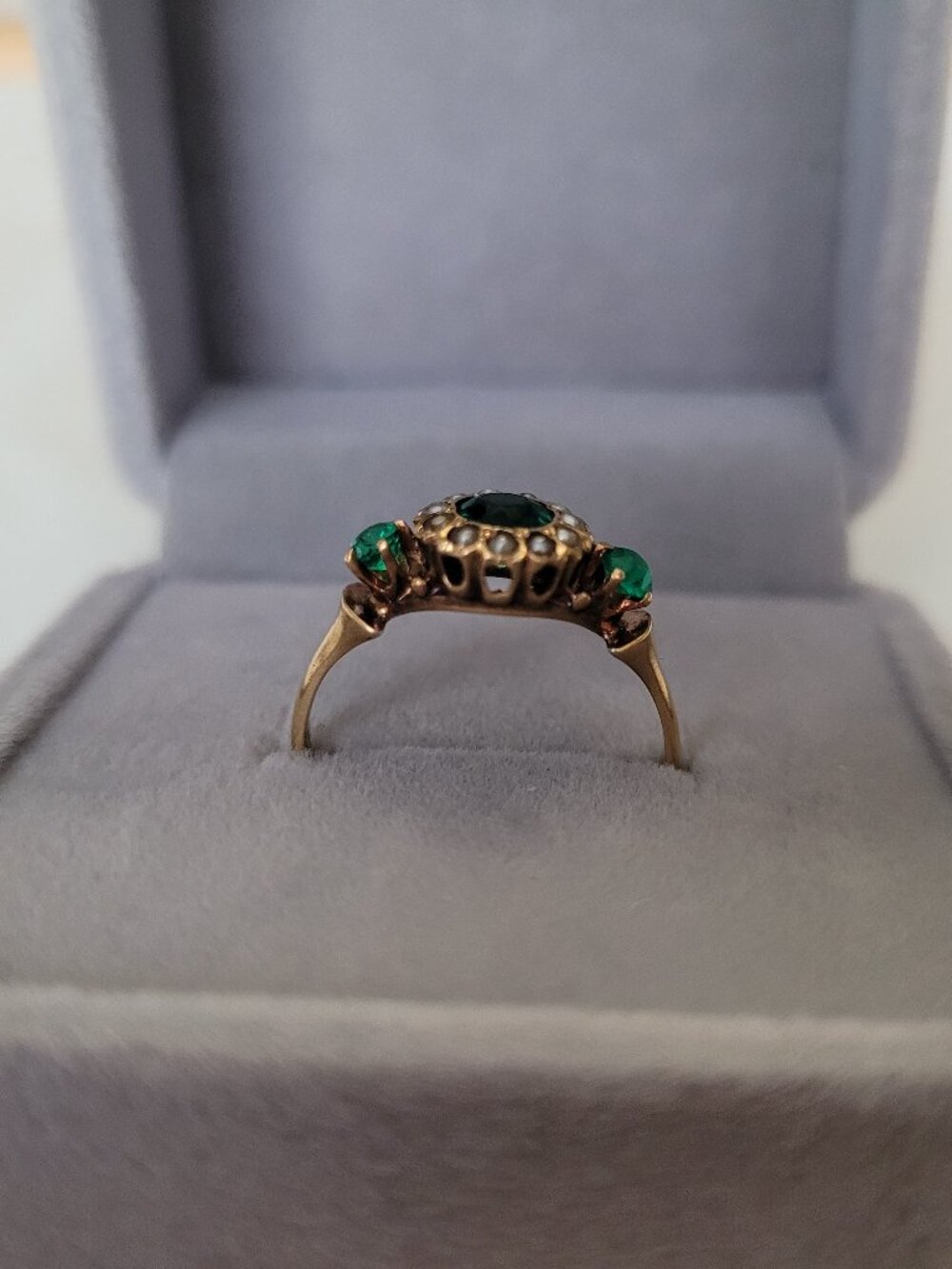 Antique Emerald Green Stones Pearls 10k Gold Victorian Ring May June Birthstones - Picture 3 of 16